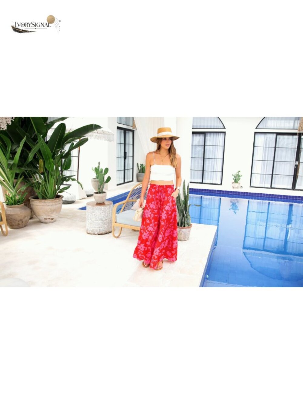Women's Flowy Wide Leg Palazzo Pants with Drawstring Waist and Side Pockets - Picture 6 of 6